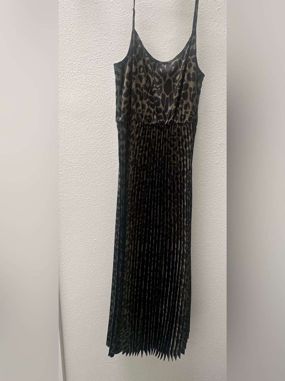 AllSaints Olive and Black Leopard Print Pleated Maxi Dress